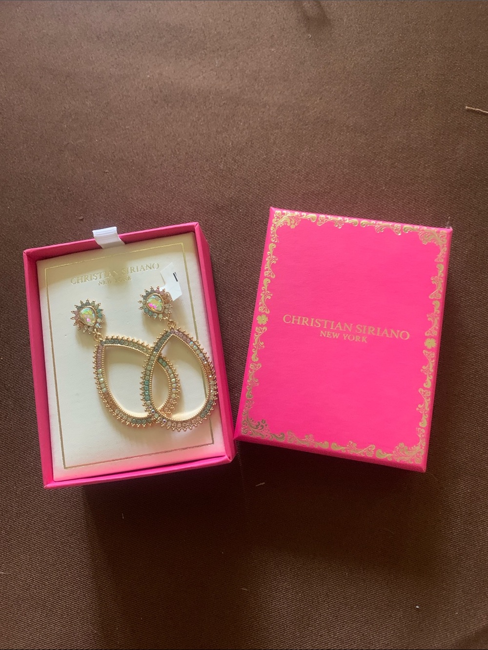 Christian Siriano Gold Teardrop Hoop Earrings with Iridescent Pink Stones